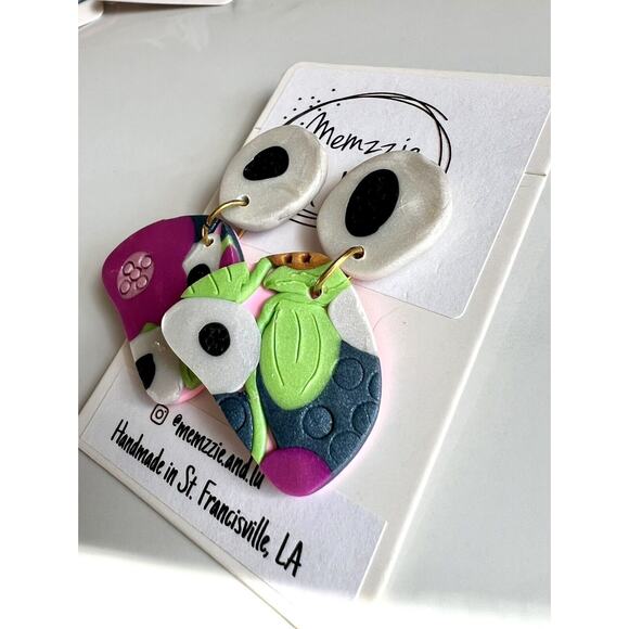 Handmade Polymer Clay Earrings Handcrafted Artwork Floral Organically Shaped - Picture 1 of 4